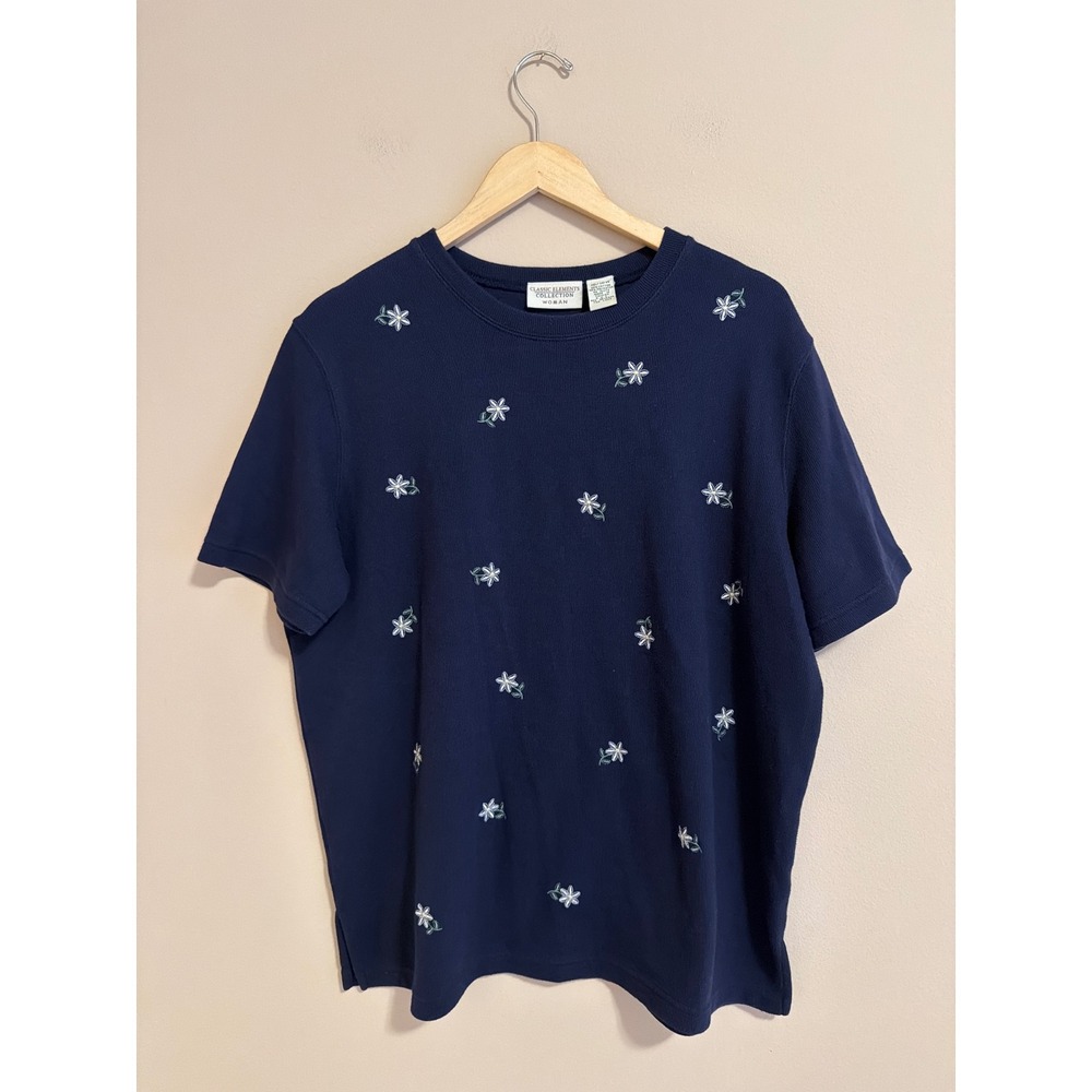 Vintage Navy Blue Ribbed Knit Daisy Embroidered Short Sleeve Top 16/18W